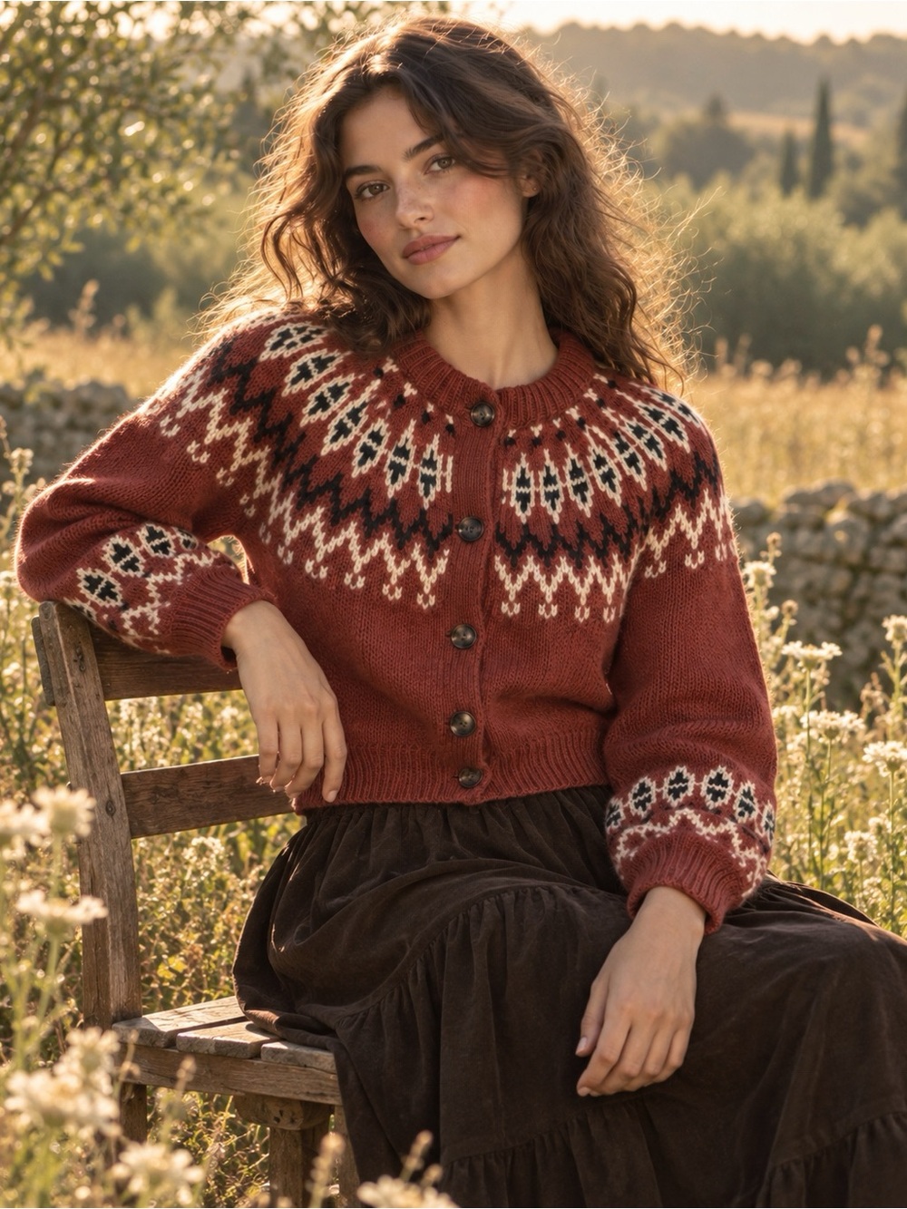 NWT DรEN Clarke Cardigan in Burgundy Olympia Fair Isle Size S